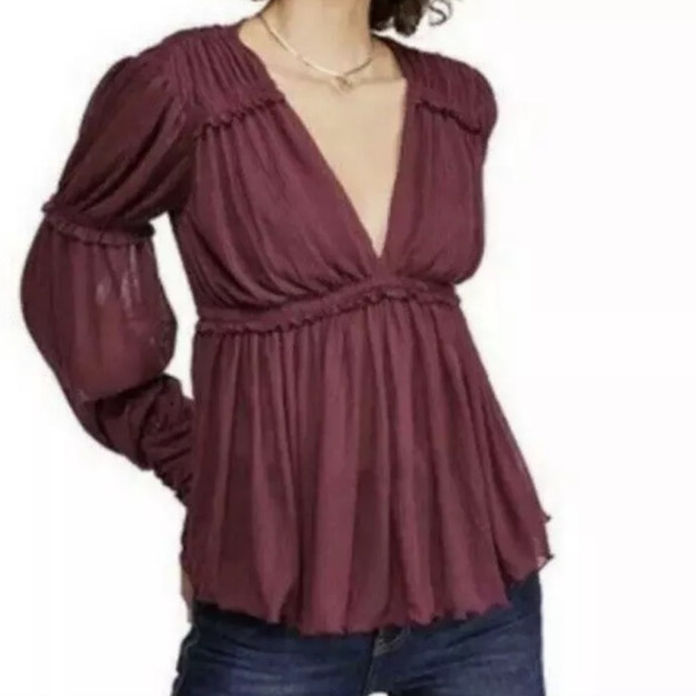 Free People Burgundy Day Dreaming Babydoll Boho Ruffle Top XS Sheer‎ Romantic